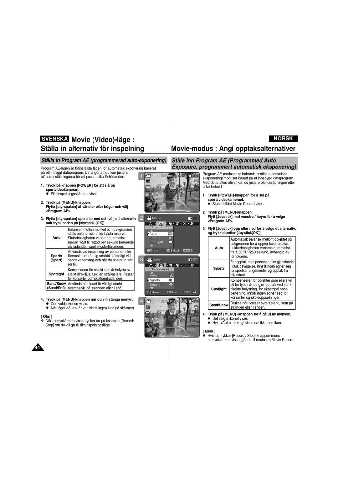 Samsung VP-X210L/XEE manual Stille inn Program AE Programmed Auto 