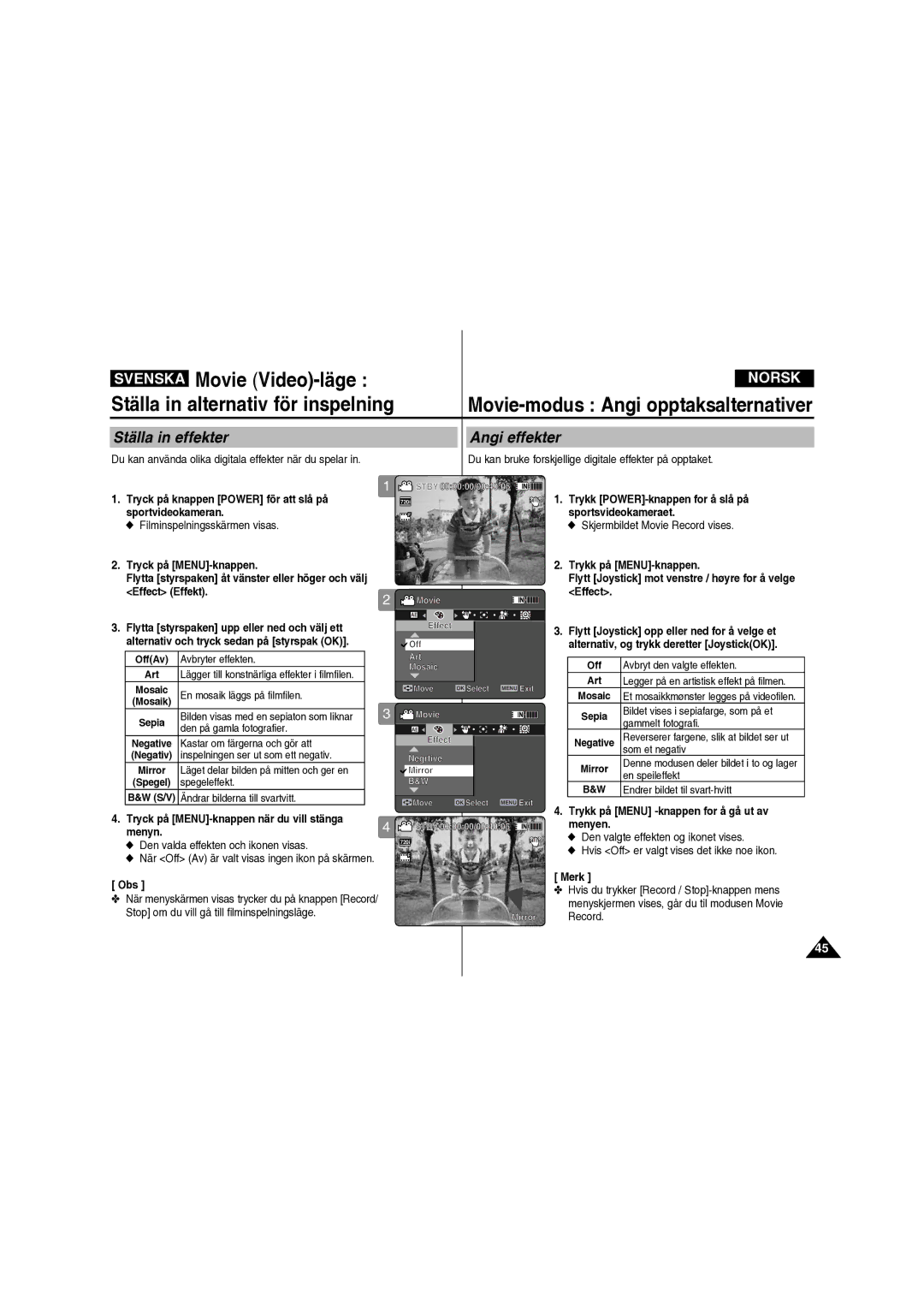 Samsung VP-X210L/XEE manual Ställa in effekter Angi effekter, Tryck på MENU-knappen, Effect Effekt 