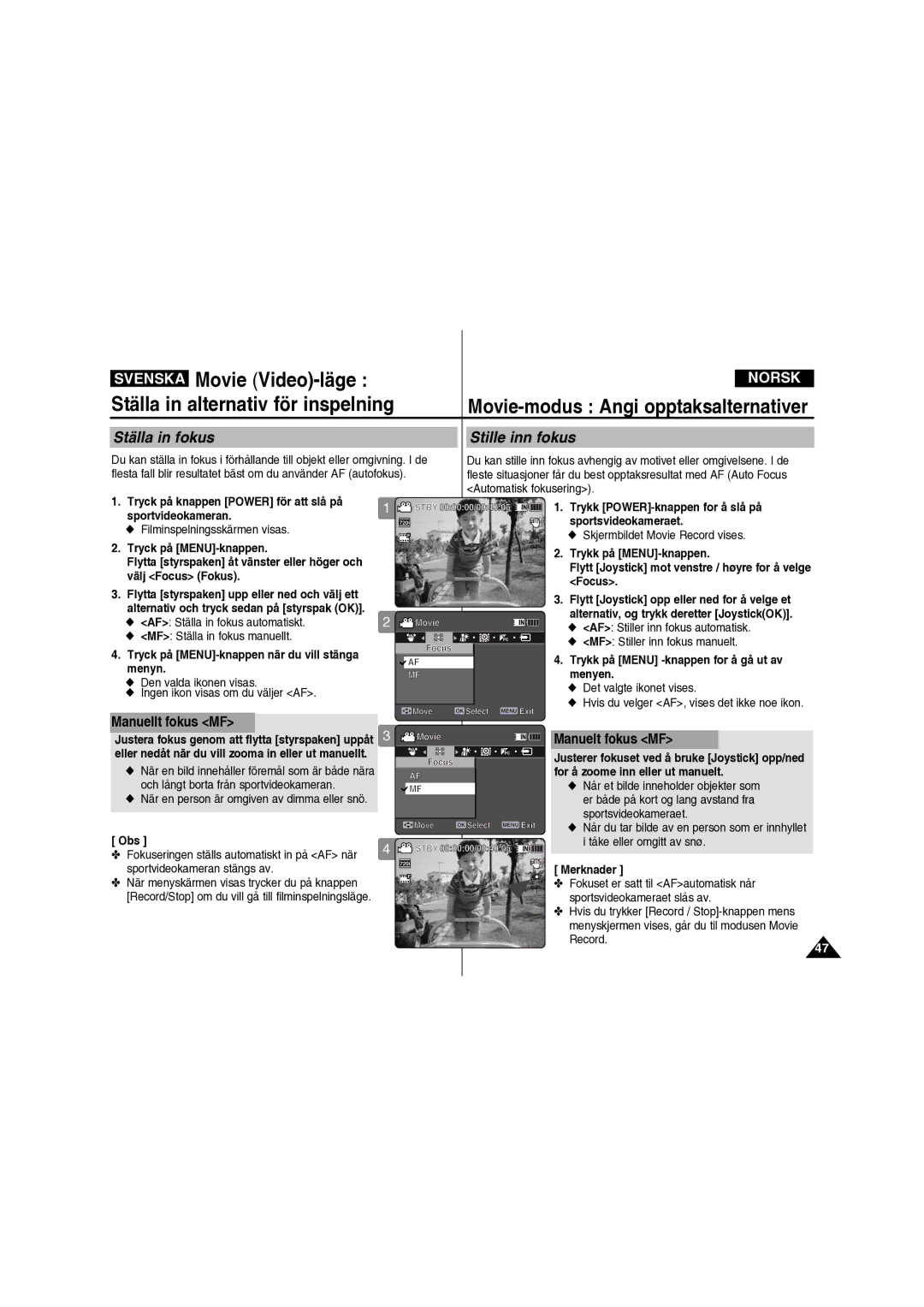 Samsung VP-X210L/XEE manual Ställa in fokus Stille inn fokus 