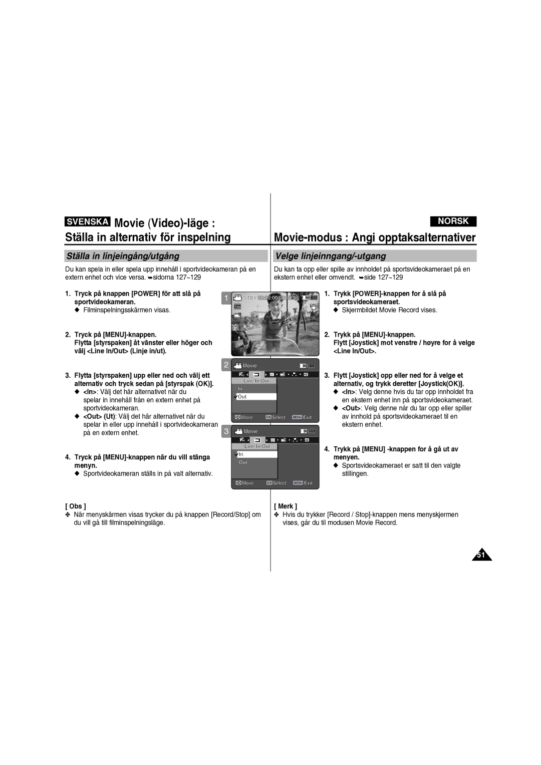 Samsung VP-X210L/XEE manual Ställa in linjeingång/utgång, Velge linjeinngang/-utgang 