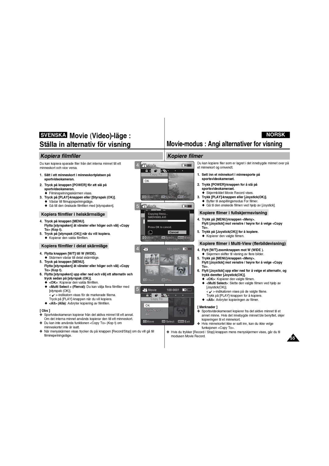 Samsung VP-X210L/XEE manual Kopiera filmfiler Kopiere filmer, Kopiere filmer i fullskjermsvisning, Styrspak OK 