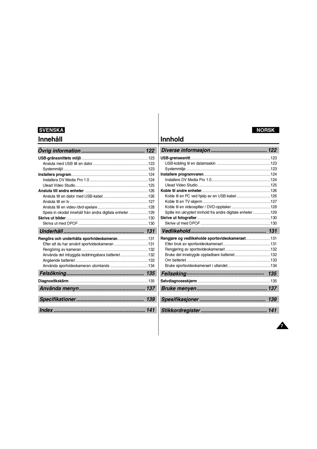 Samsung VP-X210L/XEE manual 122, 131, Felsökning 135, 137, 139, 141 