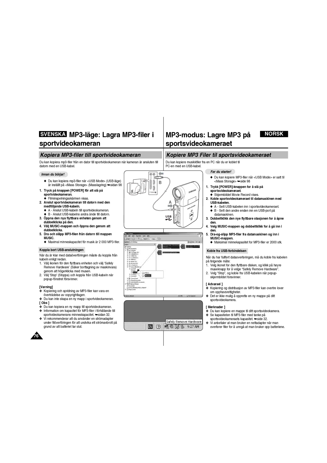 Samsung VP-X210L/XEE manual MP3-läge Lagra MP3-filer, Sportvideokameran Sportsvideokameraet 