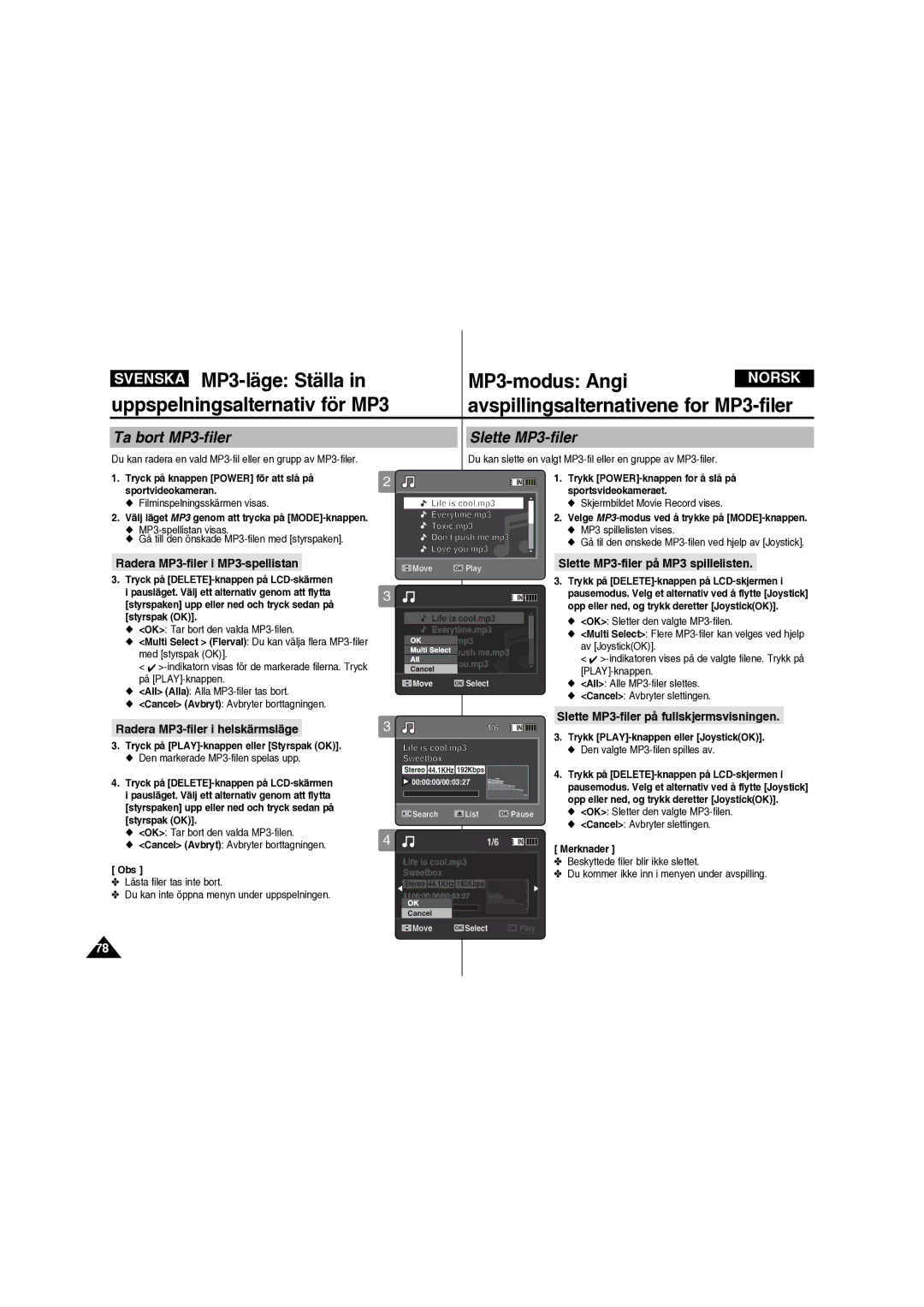 Samsung VP-X210L/XEE manual MP3-läge Ställa MP3-modus Angi, Ta bort MP3-filer, Slette MP3-filer 