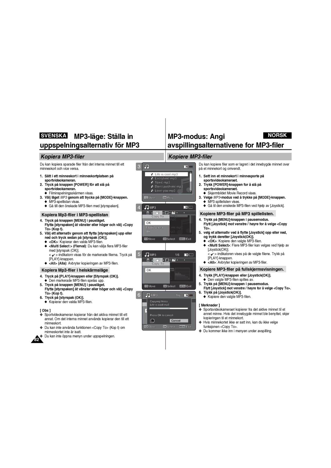 Samsung VP-X210L/XEE manual Kopiera MP3-filer Kopiere MP3-filer, Kopiera Mp3-filer i MP3-spellistan 