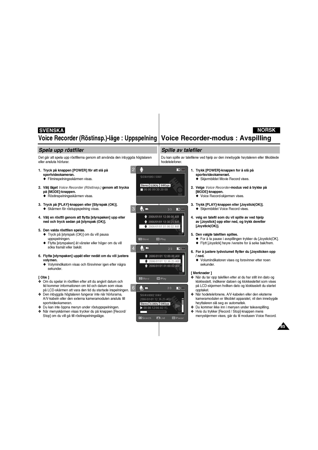 Samsung VP-X210L/XEE manual Spela upp röstfiler, Spille av talefiler 