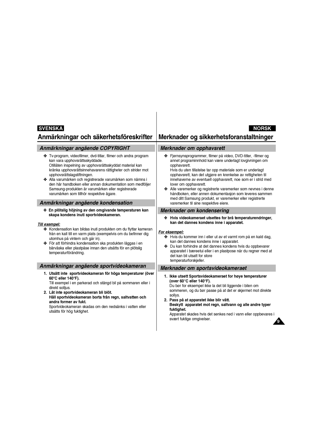 Samsung VP-X210L/XEE manual Anmärkningar angående Copyright, Anmärkningar angående kondensation, Merknader om opphavsrett 