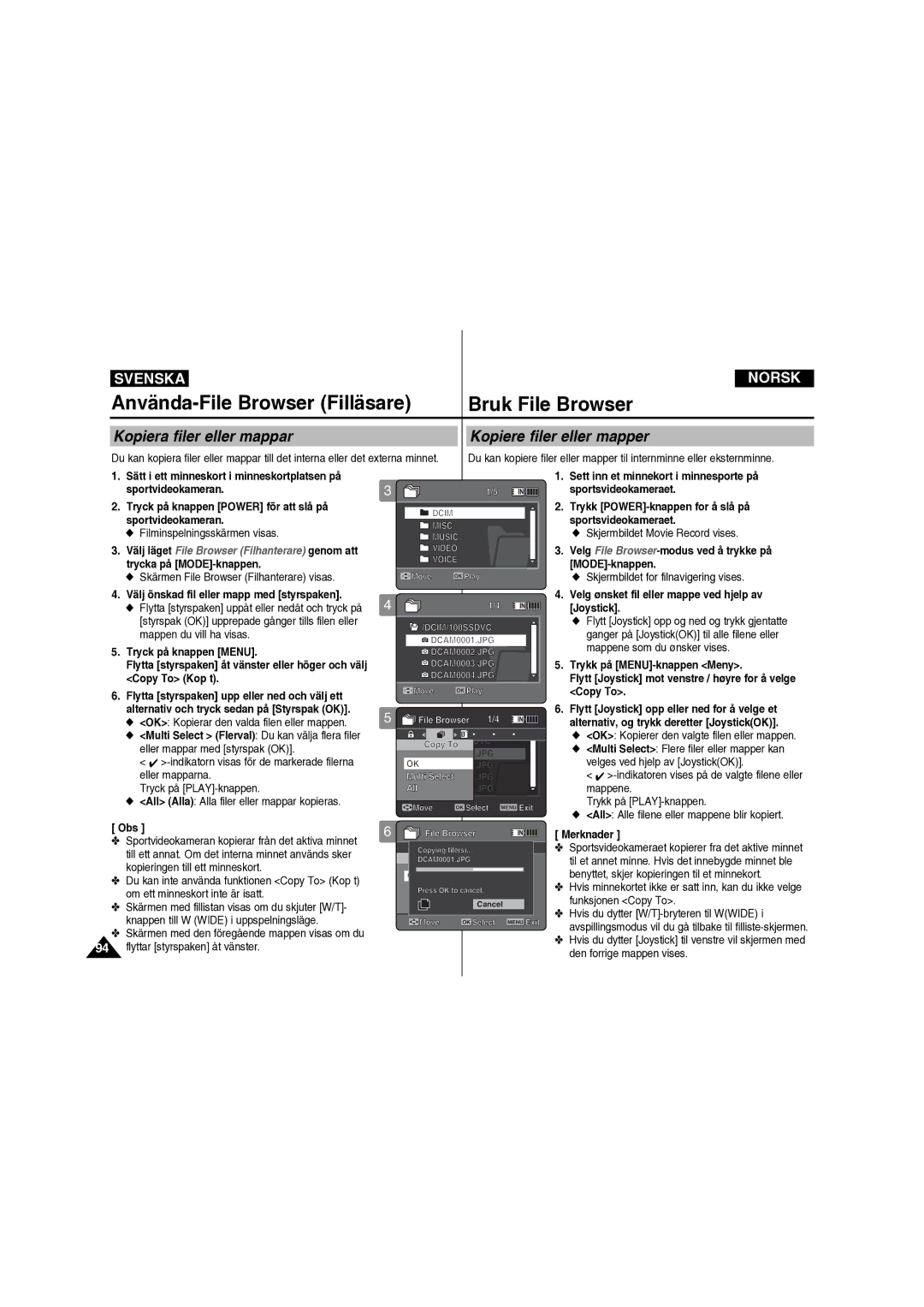 Samsung VP-X210L/XEE manual Kopiera filer eller mappar Kopiere filer eller mapper 