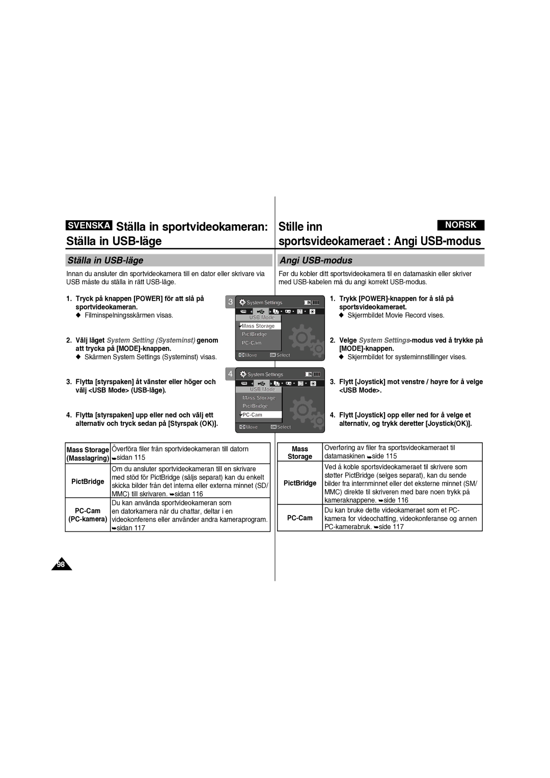 Samsung VP-X210L/XEE Ställa in USB-läge, Angi USB-modus, Flytt Joystick mot venstre / høyre for å velge USB Mode, Mass 