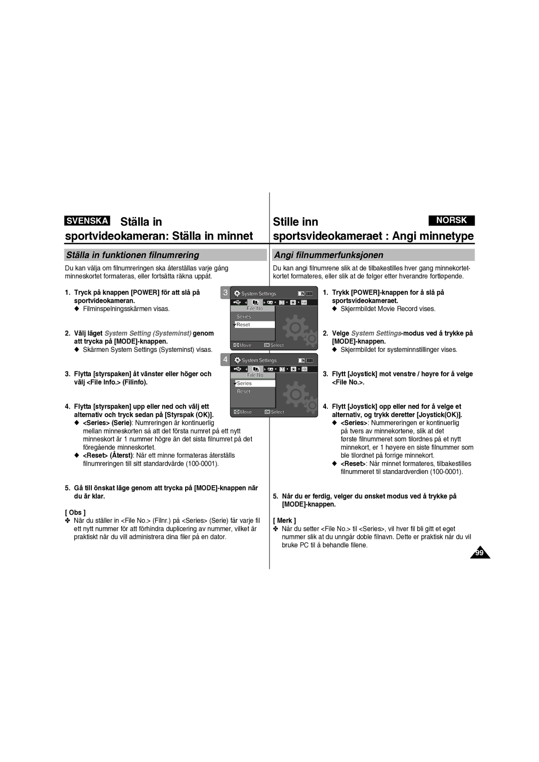 Samsung VP-X210L/XEE manual Ställa Stille inn, Sportvideokameran Ställa in minnet, Skärmen System Settings Systeminst visas 