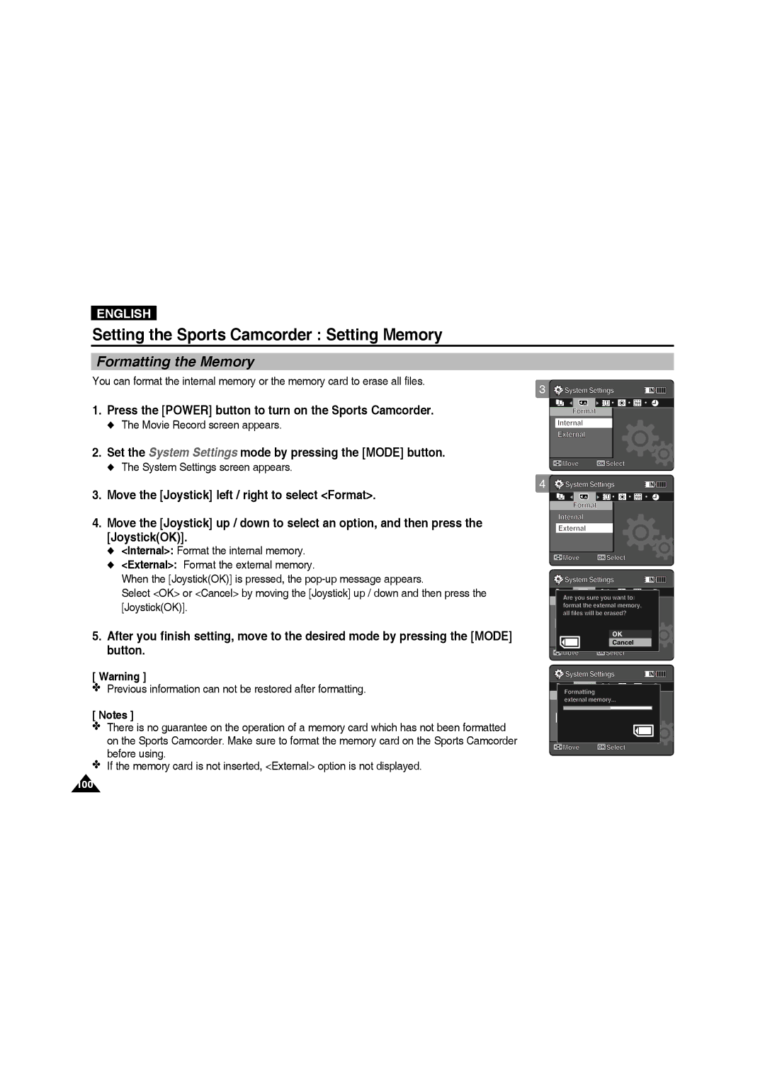 Samsung VP-X220L/XEF, VP-X210L/XEF, VP-X210L/XET, VP-X220L/XET, VP-X210L/MEA, VP-X210L/CHN, VP-X210L/EUR Formatting the Memory 