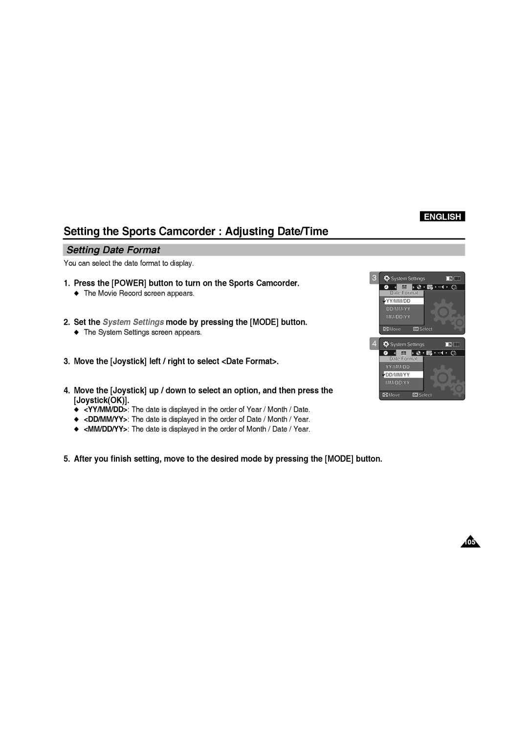 Samsung VP-X210L/EUR, VP-X210L/XEF, VP-X220L/XEF manual Setting Date Format, You can select the date format to display 