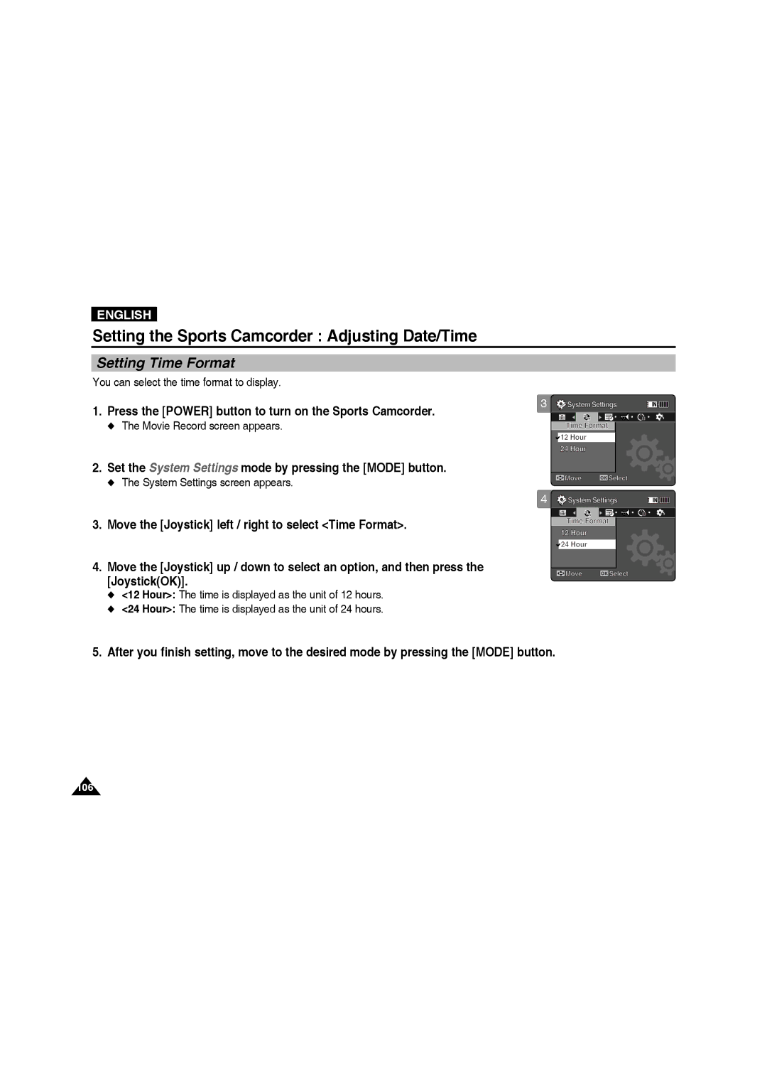 Samsung VP-X220L/XEO, VP-X210L/XEF, VP-X220L/XEF manual Setting Time Format, You can select the time format to display 