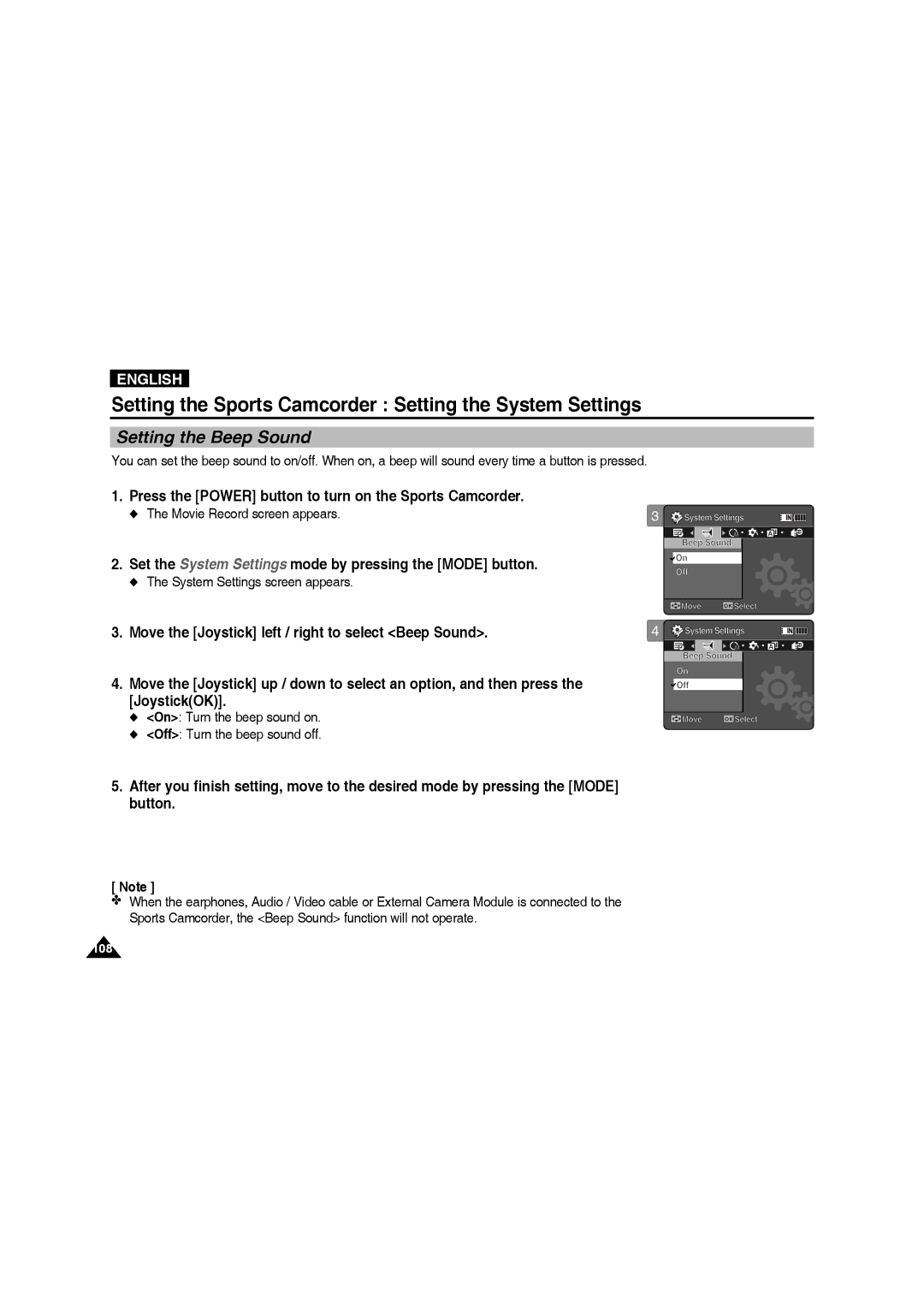 Samsung VP-X210L/XEF manual Setting the Sports Camcorder Setting the System Settings, Setting the Beep Sound, Button 