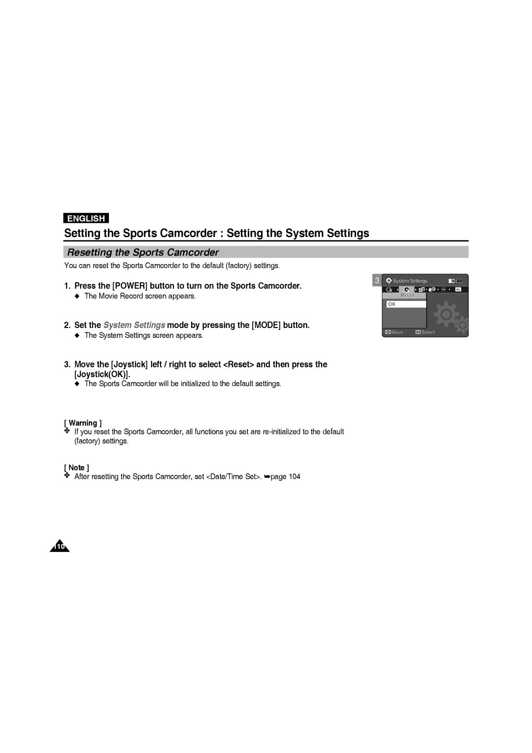 Samsung VP-X210L/XET, VP-X210L/XEF, VP-X220L/XEF, VP-X220L/XET, VP-X210L/MEA, VP-X210L/CHN manual Resetting the Sports Camcorder 