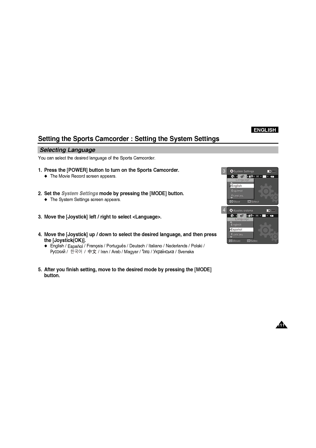 Samsung VP-X220L/XET, VP-X210L/XEF manual Selecting Language, You can select the desired language of the Sports Camcorder 