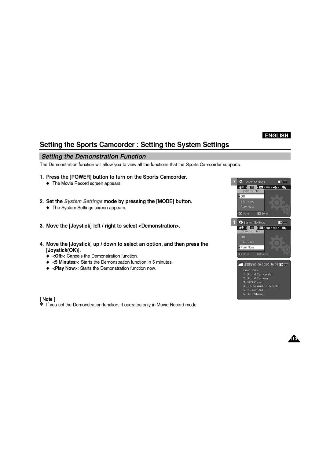 Samsung VP-X210L/CHN, VP-X210L/XEF, VP-X220L/XEF, VP-X210L/XET, VP-X220L/XET, VP-X210L/MEA Setting the Demonstration Function 