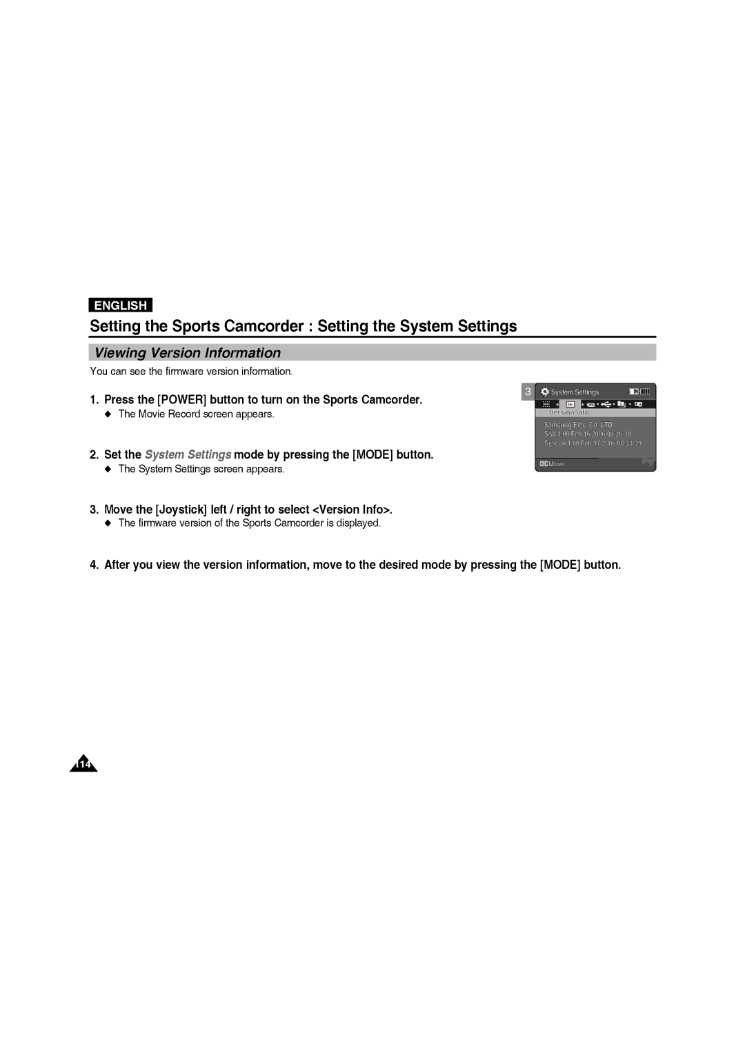 Samsung VP-X210L/EUR, VP-X210L/XEF manual Viewing Version Information, Move the Joystick left / right to select Version Info 