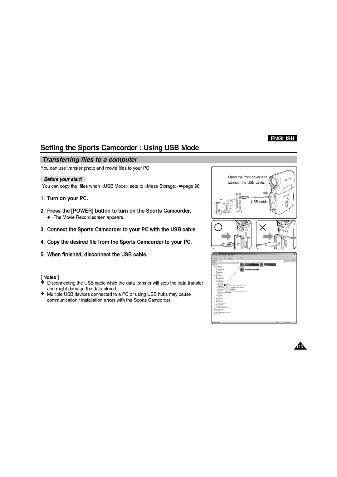 Samsung VP-X220L/XEO, VP-X210L/XEF manual Setting the Sports Camcorder Using USB Mode, Transferring files to a computer 