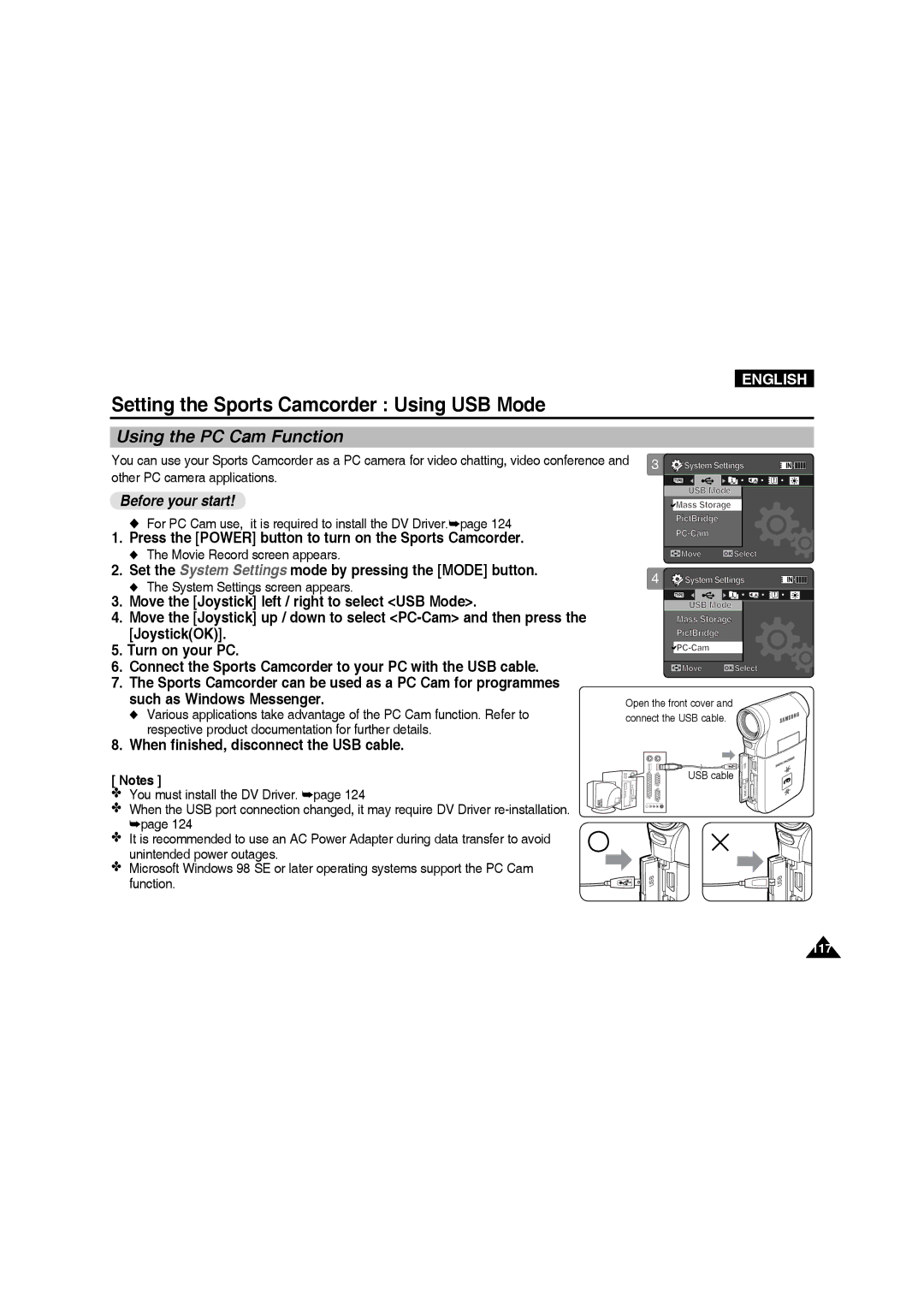 Samsung VP-X210L/XEF, VP-X220L/XEF, VP-X210L/XET, VP-X220L/XET, VP-X210L/MEA manual Setting the Sports Camcorder Using USB Mode 