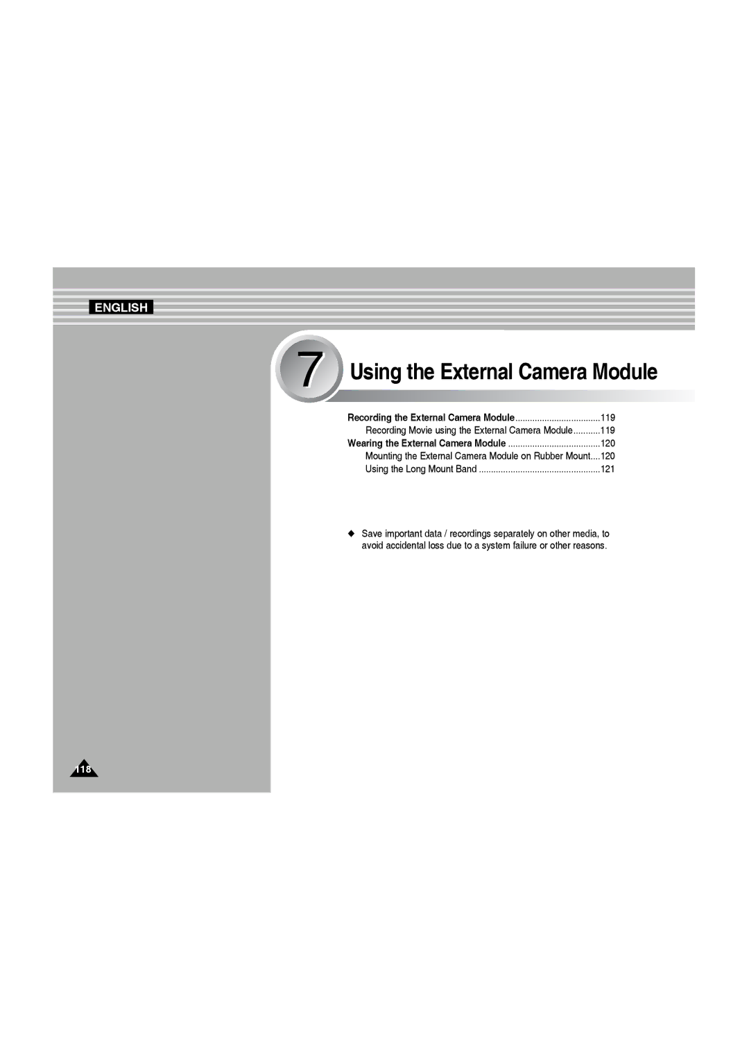 Samsung VP-X220L/XEF, VP-X210L/XEF, VP-X210L/XET Using the External Camera Module, Recording the External Camera Module 