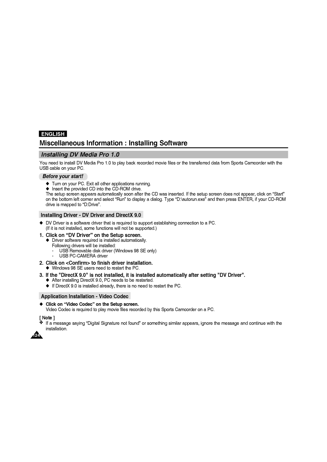 Samsung VP-X220L/XEO, VP-X210L/XEF, VP-X220L/XEF Miscellaneous Information Installing Software, Installing DV Media Pro 