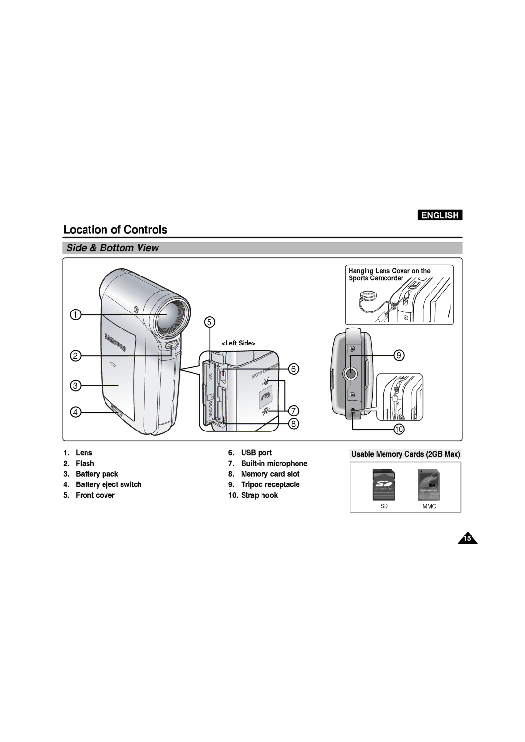 Samsung VP-X210L/EUR, VP-X210L/XEF Side & Bottom View, Lens Flash Battery pack Battery eject switch Front cover, Left Side 