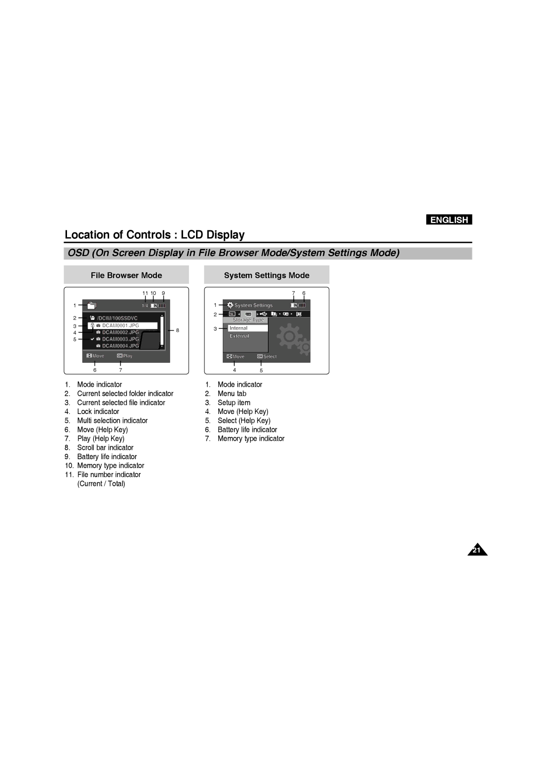 Samsung VP-X220L/XET, VP-X210L/XEF manual File Browser Mode System Settings Mode, DCIM/100SSDVC DCAM0001.JPG DCAM0002.JPG 