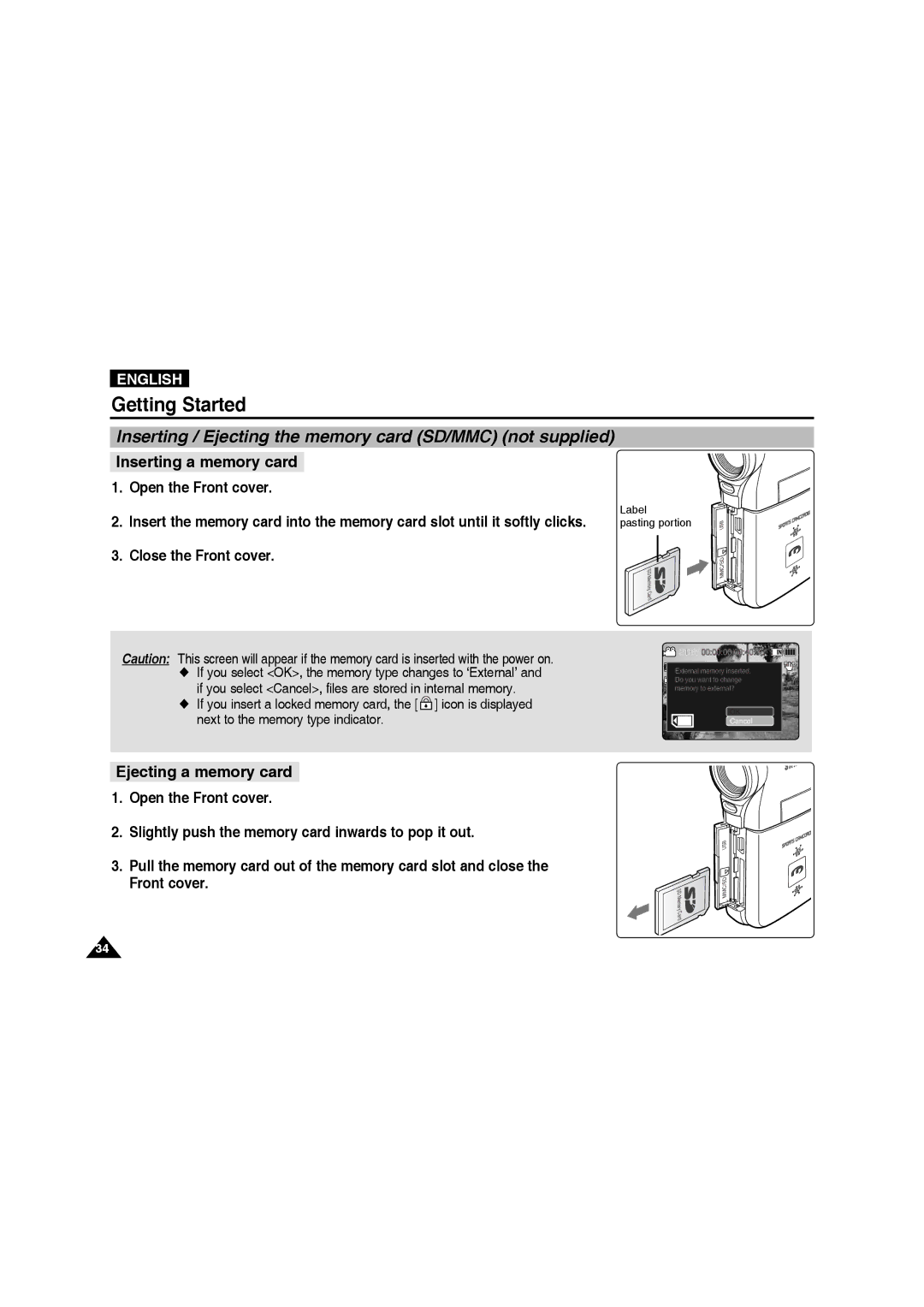 Samsung VP-X220L/XEO, VP-X210L/XEF, VP-X220L/XEF, VP-X210L/XET manual Inserting / Ejecting the memory card SD/MMC not supplied 