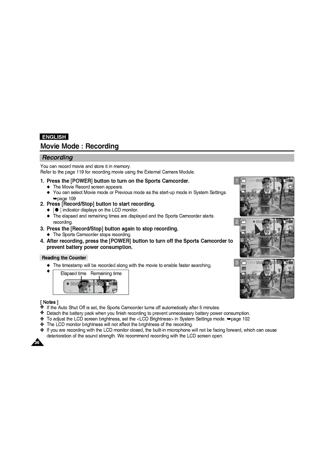 Samsung VP-X210L/XEF, VP-X220L/XEF Movie Mode Recording, Press Record/Stop button to start recording, Reading the Counter 