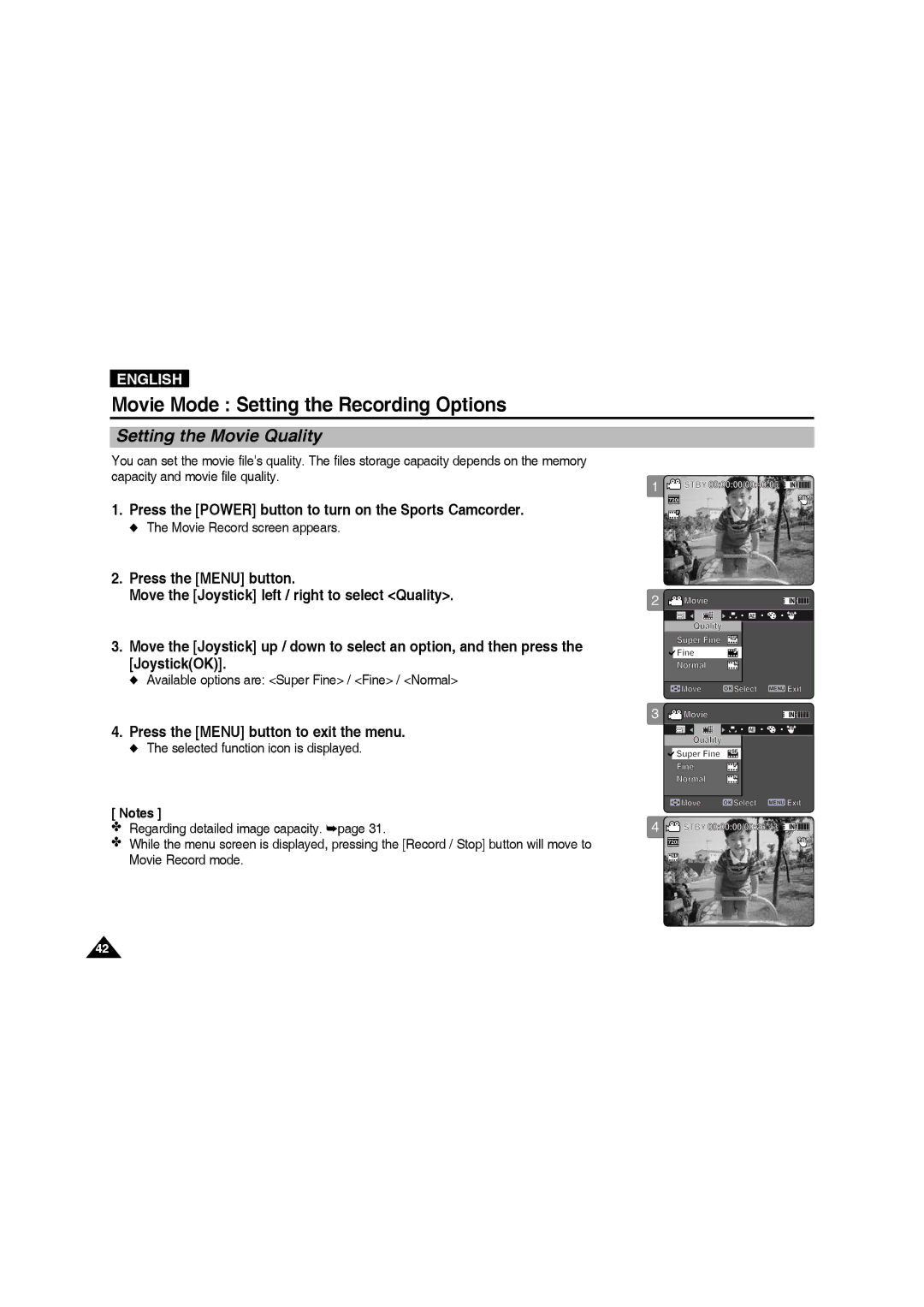 Samsung VP-X210L/EUR, VP-X210L/XEF manual Setting the Movie Quality, Available options are Super Fine / Fine / Normal 