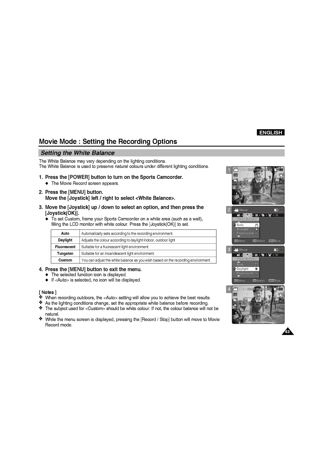 Samsung VP-X220L/XEO manual Setting the White Balance, Move the Joystick left / right to select White Balance, JoystickOK 