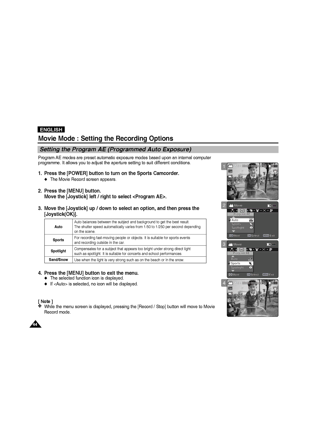 Samsung VP-X210L/XEE, VP-X210L/XEF, VP-X220L/XEF, VP-X210L/XET, VP-X220L/XET Setting the Program AE Programmed Auto Exposure 