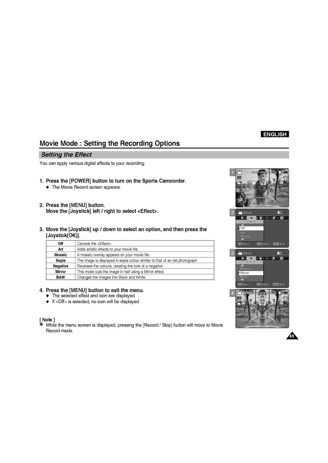 Samsung VP-X210L/XEF, VP-X220L/XEF manual Setting the Effect, Move the Joystick left / right to select Effect, JoystickOK 