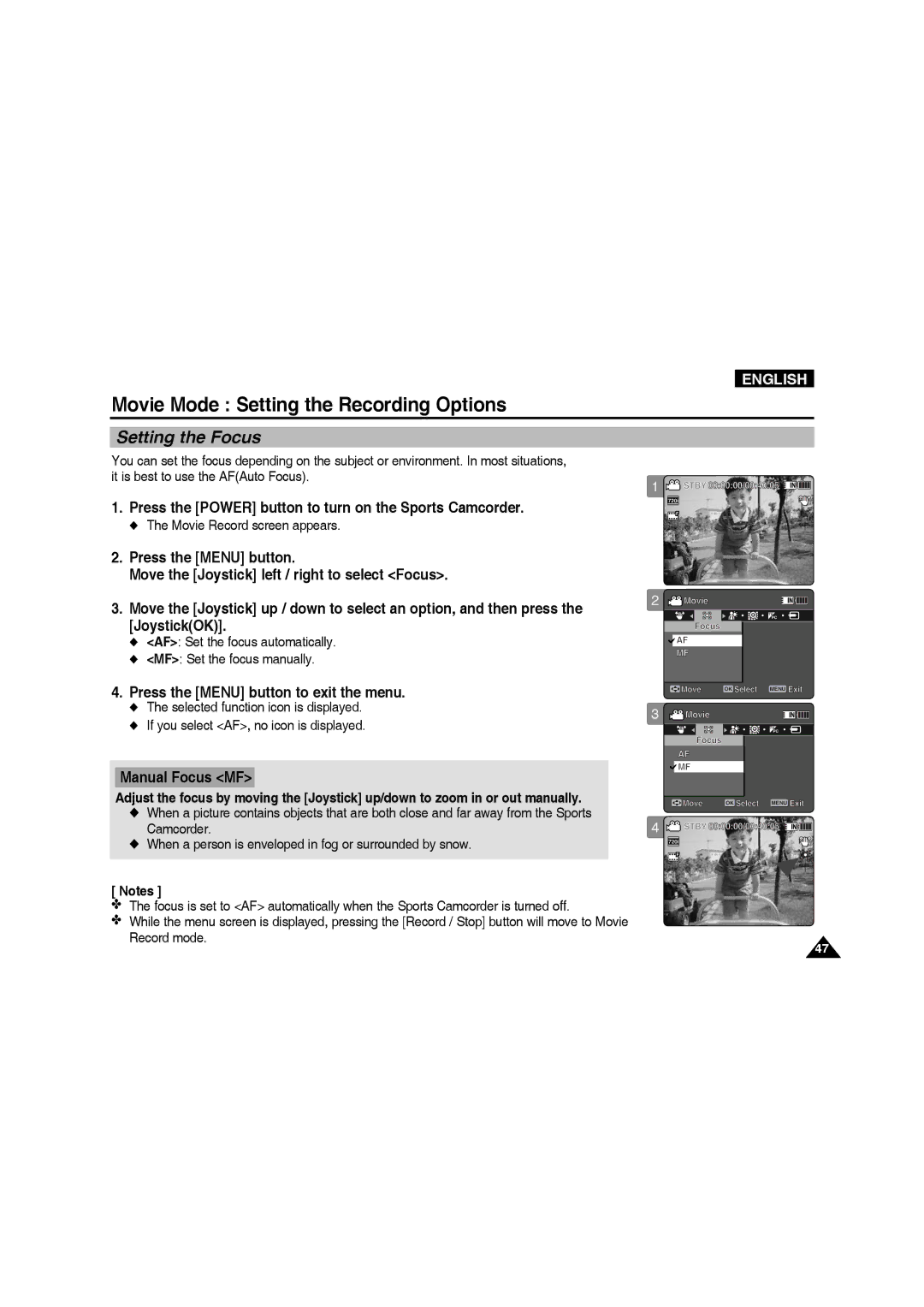 Samsung VP-X210L/XET Setting the Focus, Manual Focus MF, AF Set the focus automatically MF Set the focus manually 