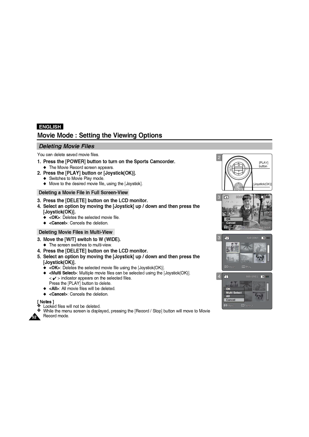 Samsung VP-X220L/XEO manual Movie Mode Setting the Viewing Options, Deleting Movie Files, You can delete saved movie files 