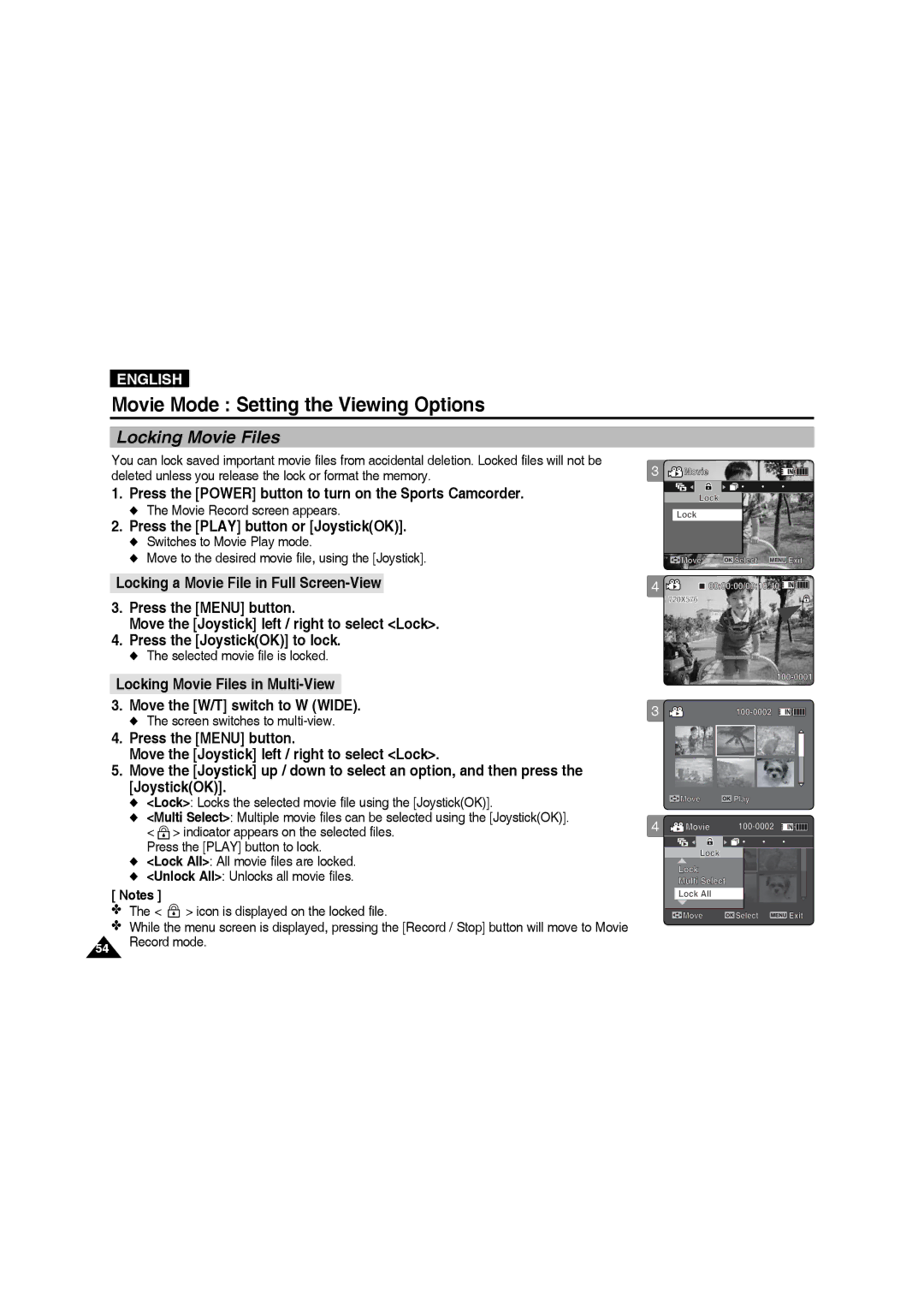 Samsung VP-X210L/XEF, VP-X220L/XEF, VP-X210L/XET, VP-X220L/XET manual Locking Movie Files, Selected movie file is locked 