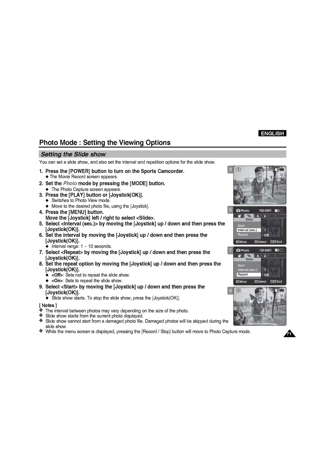 Samsung VP-X210L/XEE, VP-X210L/XEF, VP-X220L/XEF Setting the Slide show, Move the Joystick left / right to select Slide 