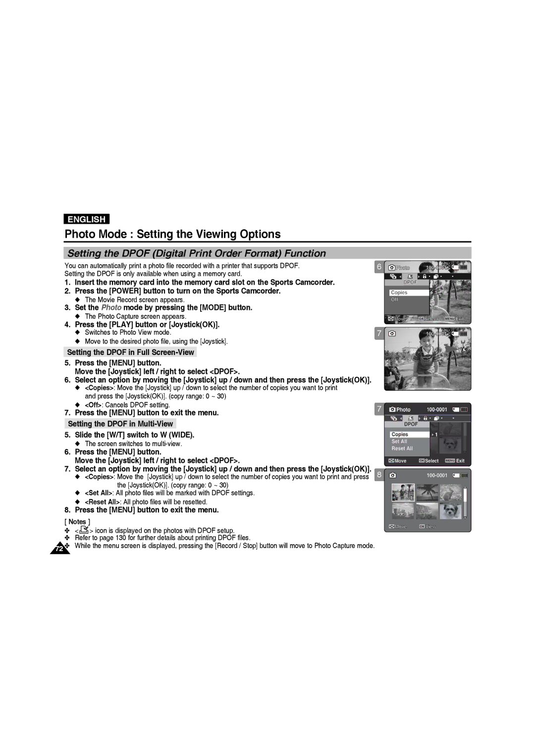 Samsung VP-X210L/XEF Setting the Dpof Digital Print Order Format Function, Set the Photo mode by pressing the Mode button 