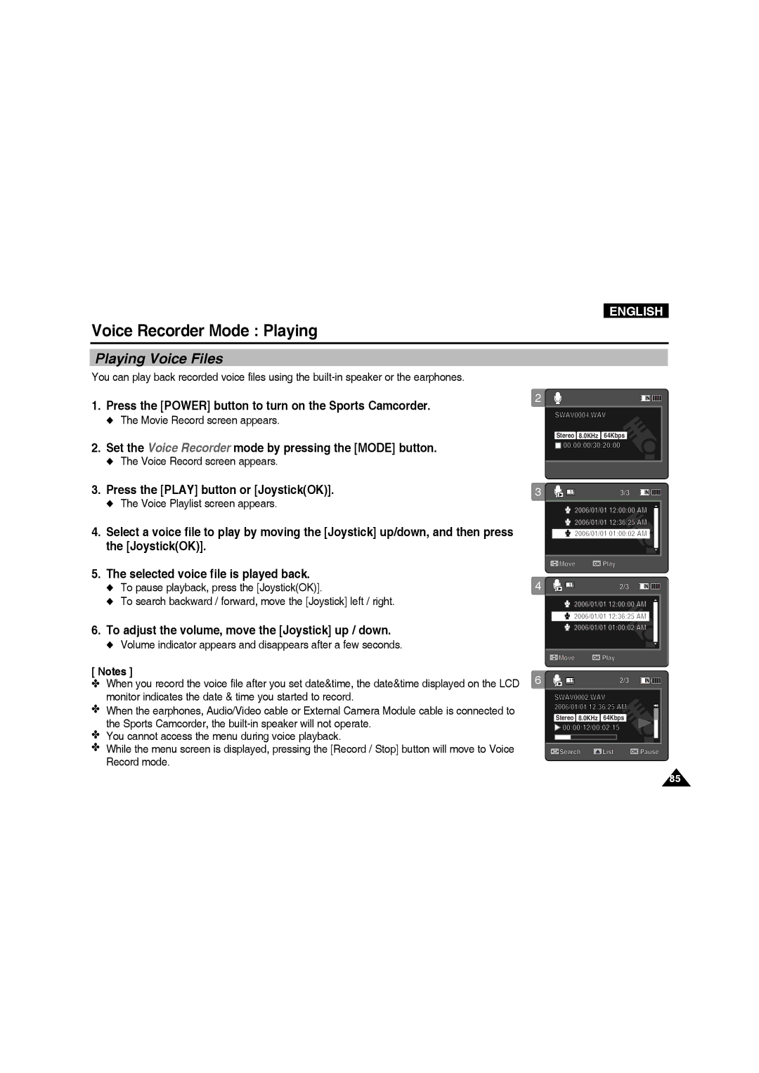 Samsung VP-X210L/MEA Voice Recorder Mode Playing, Playing Voice Files, To adjust the volume, move the Joystick up / down 