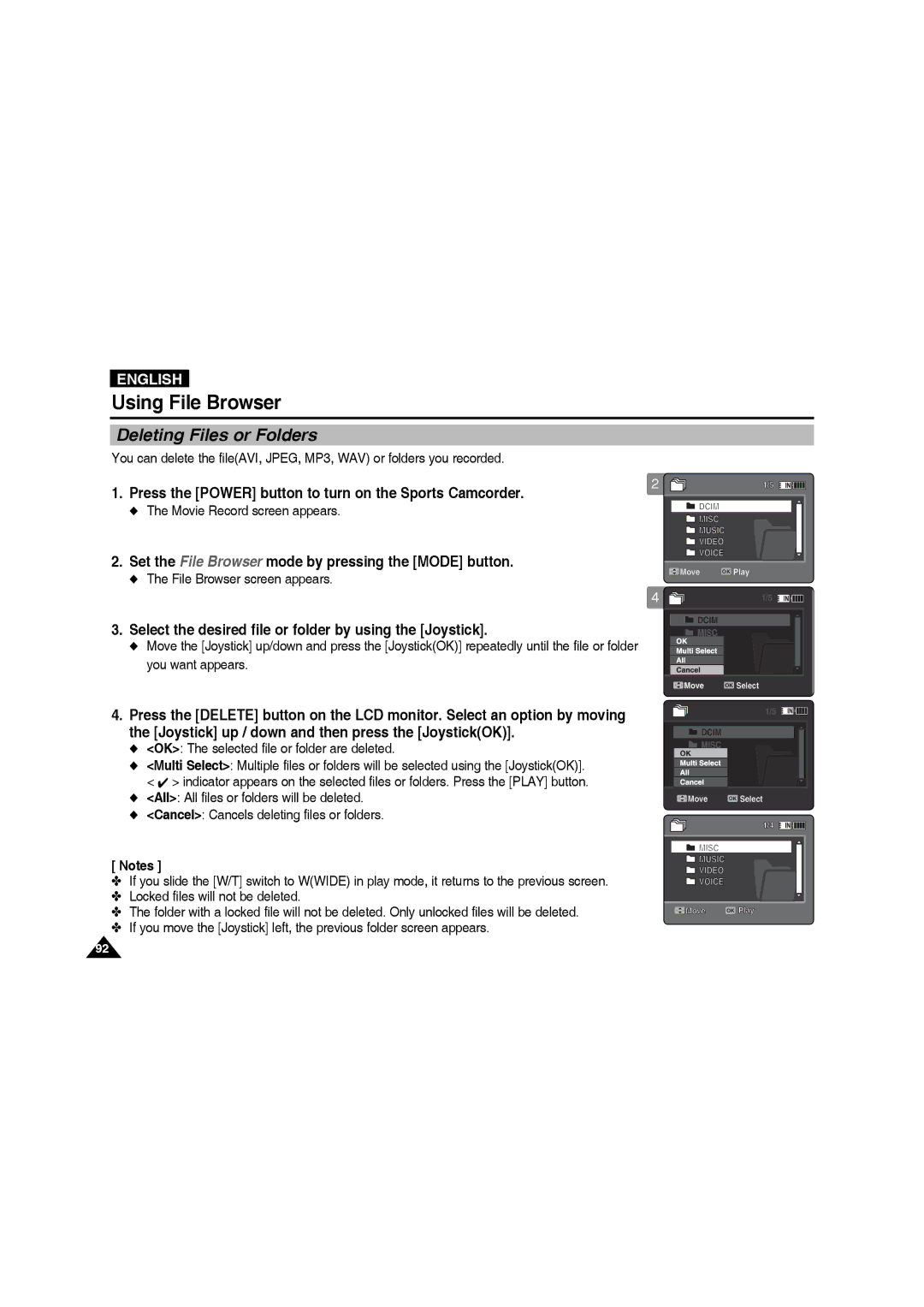 Samsung VP-X210L/XET, VP-X210L/XEF manual Deleting Files or Folders, Select the desired file or folder by using the Joystick 