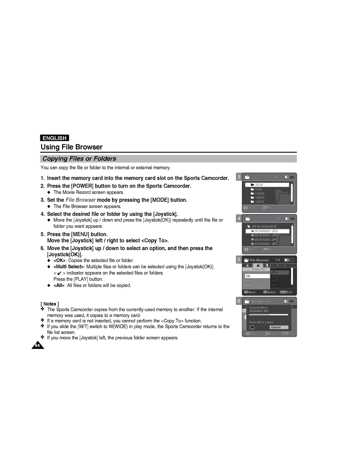 Samsung VP-X210L/MEA, VP-X210L/XEF, VP-X220L/XEF manual Copying1 Files or Folders, OK Copies the selected file or folder 