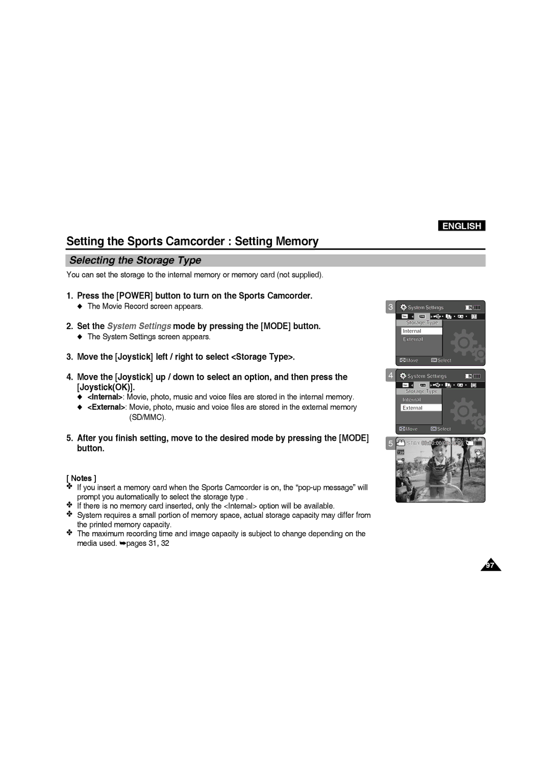 Samsung VP-X220L/XEO, VP-X210L/XEF, VP-X220L/XEF Setting the Sports Camcorder Setting Memory, Selecting the Storage Type 