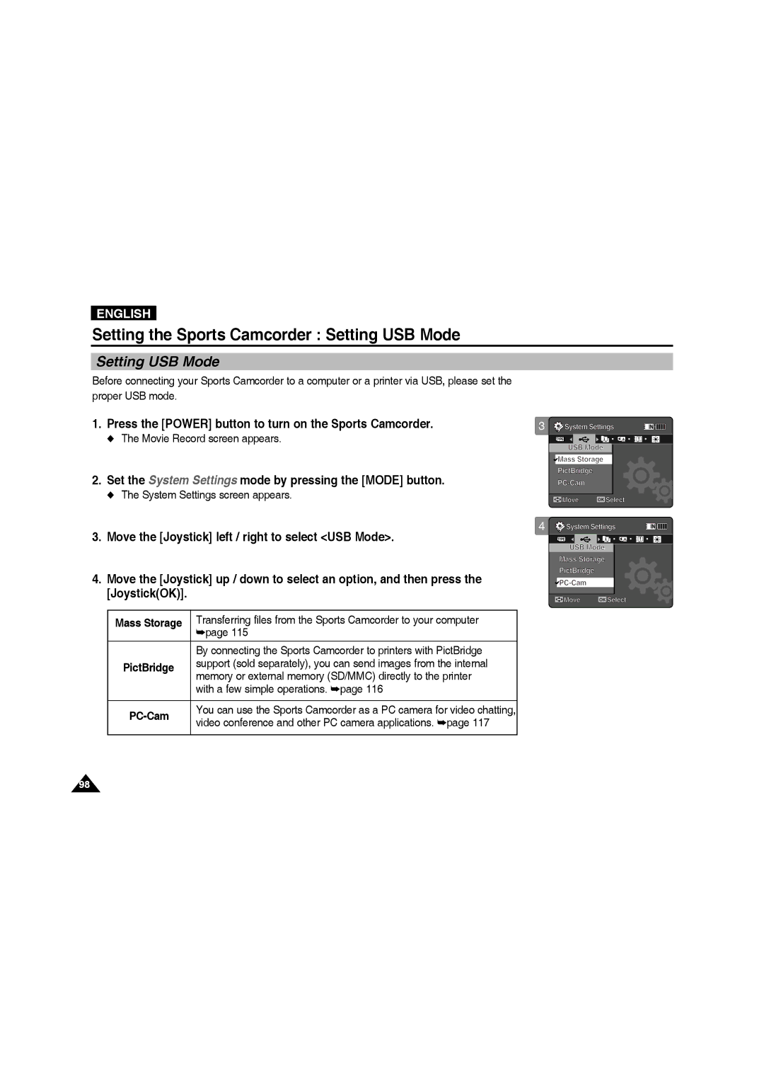 Samsung VP-X210L/XEE manual Setting the Sports Camcorder Setting USB Mode, With a few simple operations, Mass Storage 