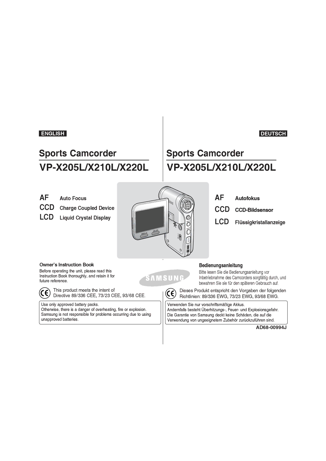 Samsung VP-X220L/XEF, VP-X210L/XEF manual Owner’s Instruction Book, AD68-00994J, Verwenden Sie nur vorschriftsmäßige Akkus 