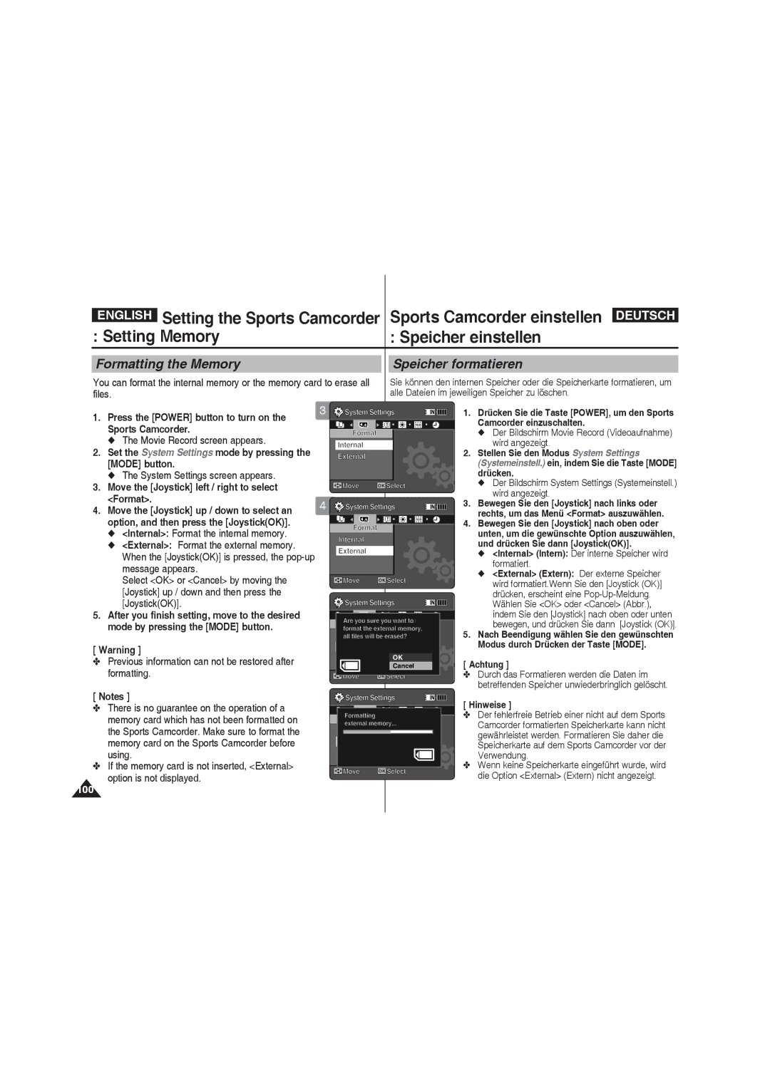 Samsung VP-X220L/XEF, VP-X210L/XEF manual Setting Memory Speicher einstellen, Formatting the Memory Speicher formatieren 