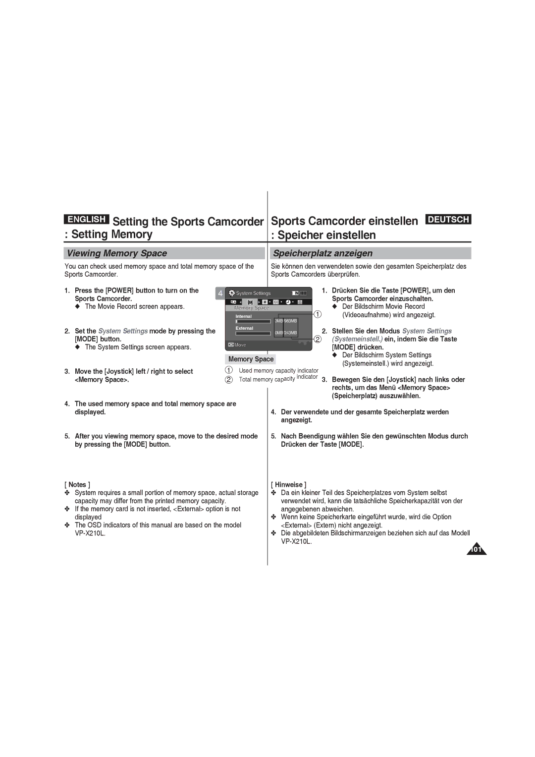 Samsung VP-X210L/XET, VP-X210L/XEF, VP-X220L/XEF, VP-X220L/XET manual Viewing Memory Space Speicherplatz anzeigen, Displayed 