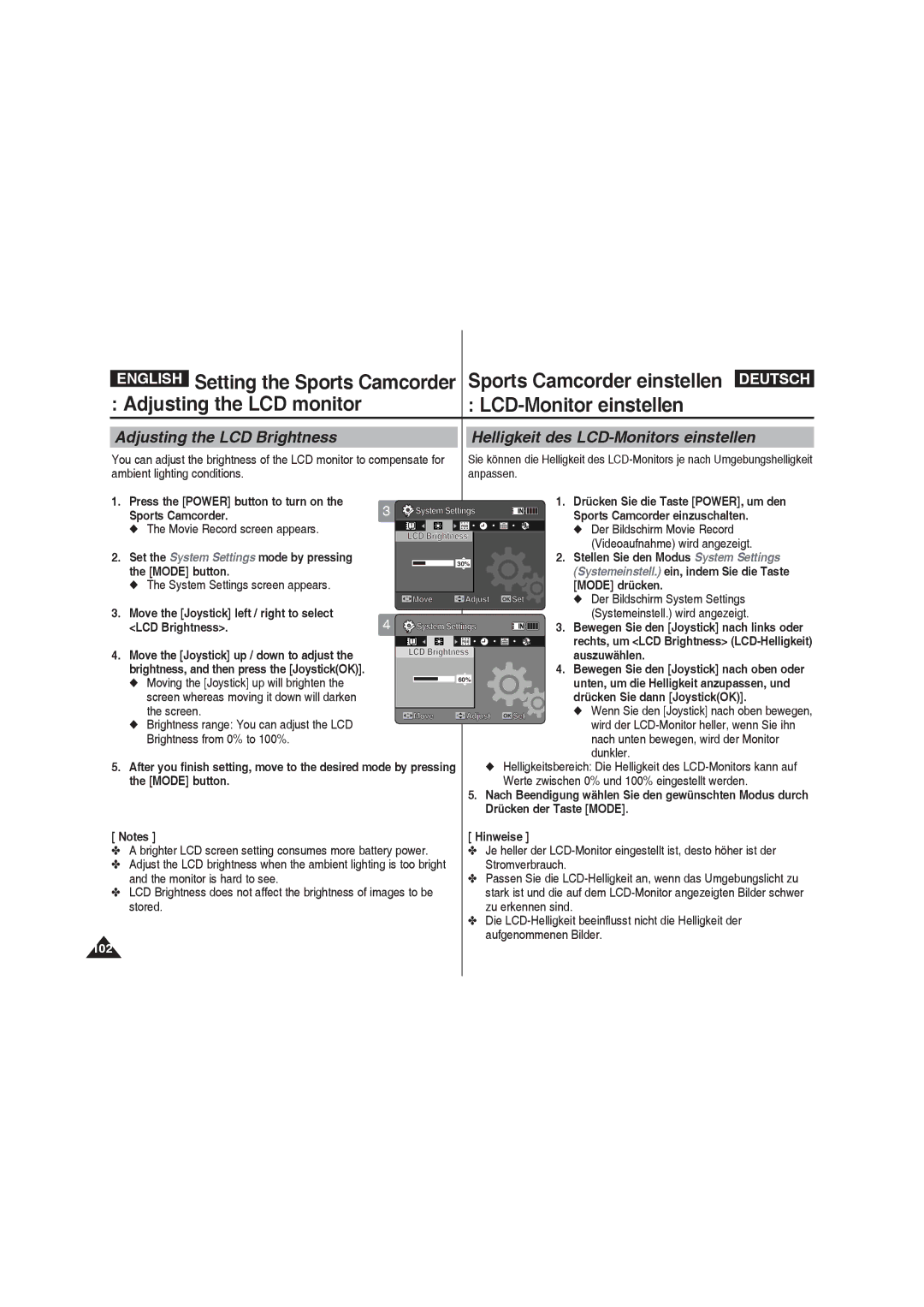 Samsung VP-X220L/XET, VP-X210L/XEF manual Adjusting the LCD monitor LCD-Monitor einstellen, Adjusting the LCD Brightness 