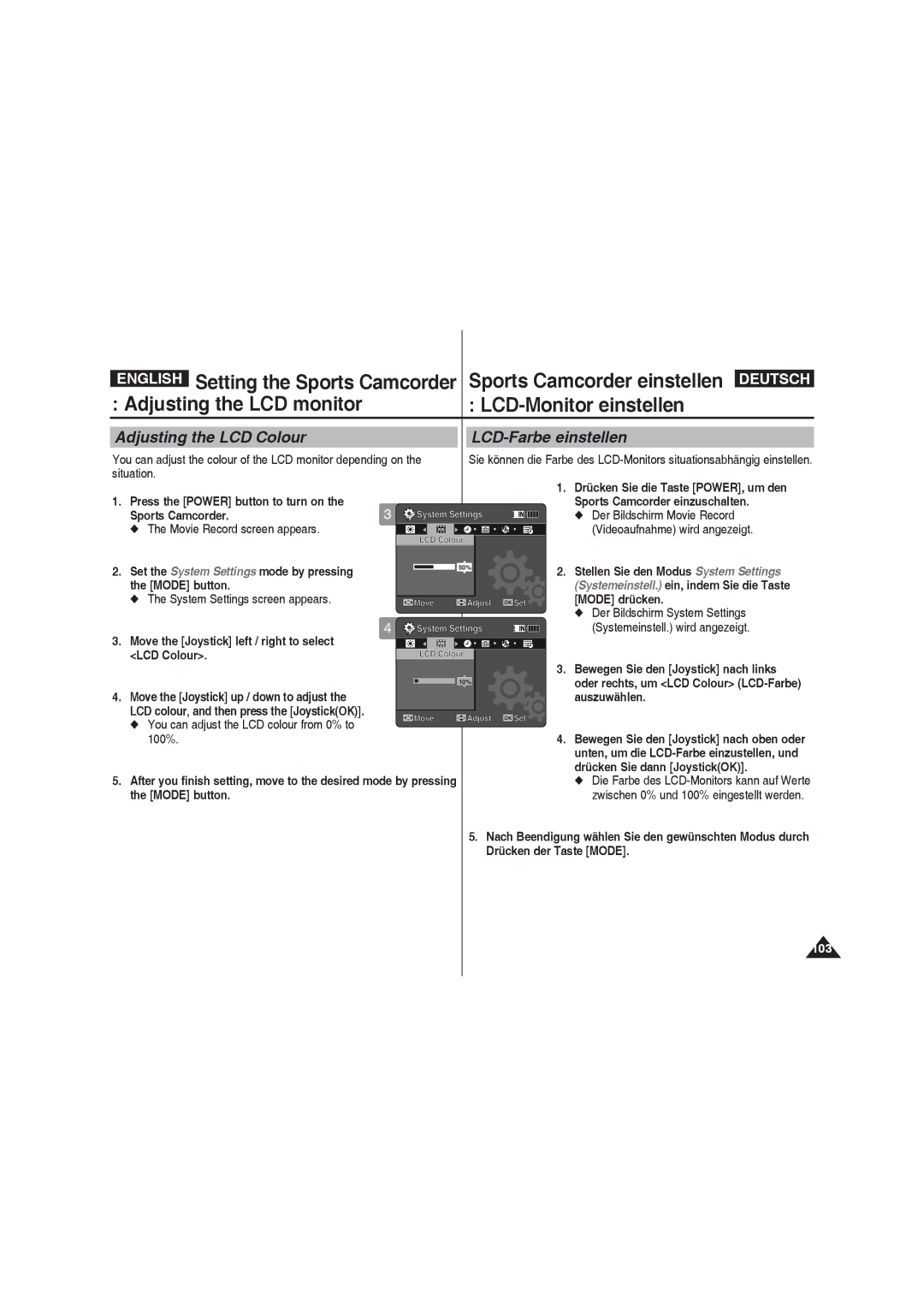 Samsung VP-X210L/MEA, VP-X210L/XEF, VP-X220L/XEF, VP-X210L/XET, VP-X220L/XET Adjusting the LCD Colour LCD-Farbe einstellen 