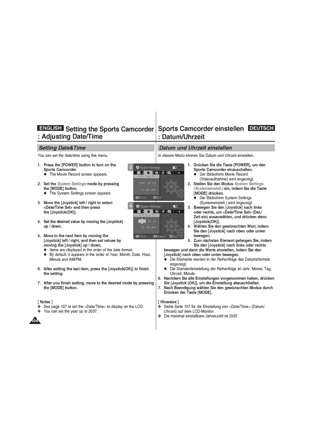 Samsung VP-X210L/CHN, VP-X210L/XEF manual Adjusting Date/Time Datum/Uhrzeit, Setting Date&Time Datum und Uhrzeit einstellen 